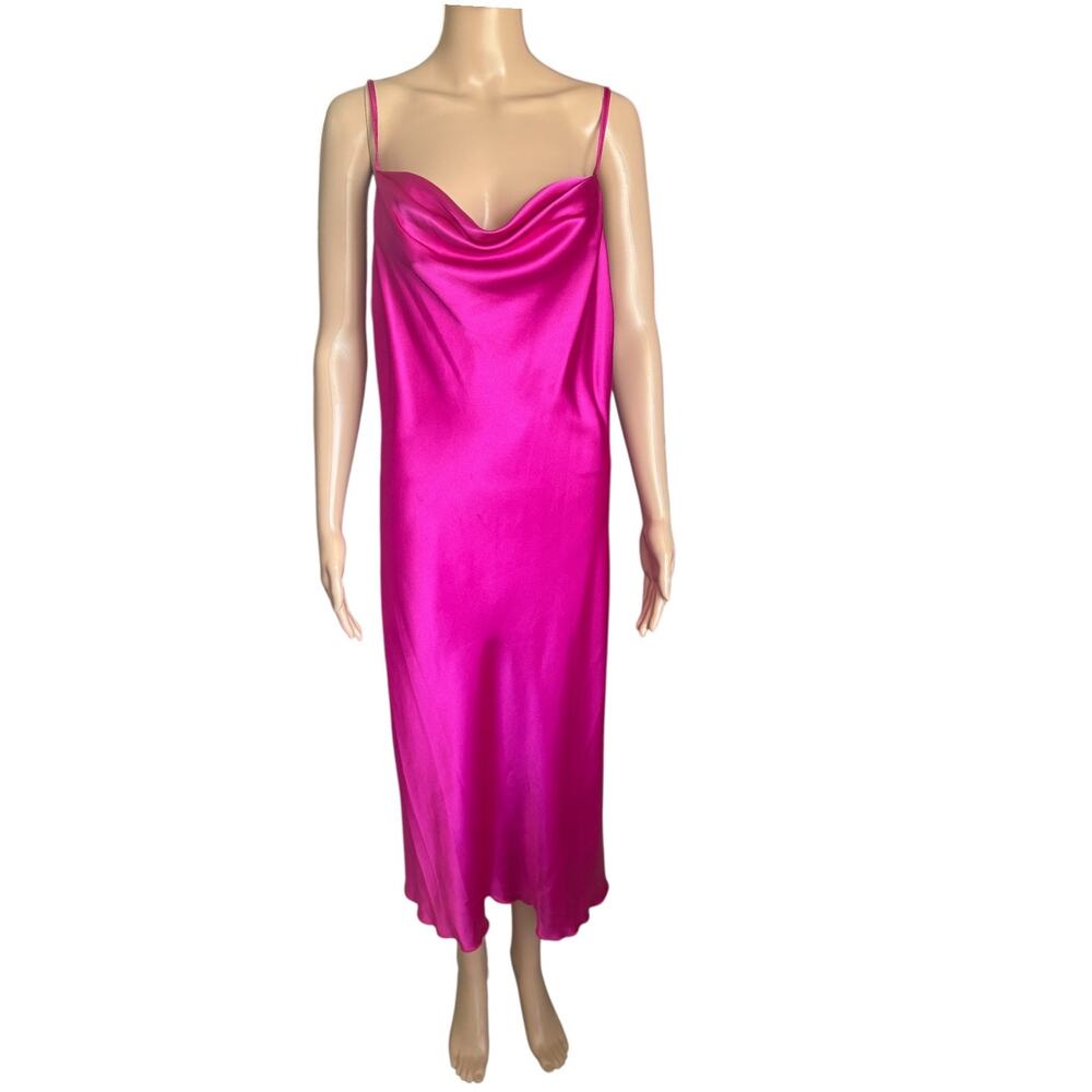 Bebe Fuchsia Satin Maxi Slip Dress Cowl Neck Barbiecore Y2K Glam Pink L